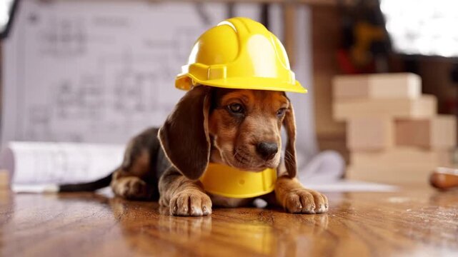 Cute puppy wearing a hard hat and safety vest, ready to build