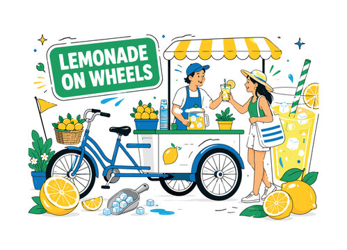 Fresh Lemonade Bicycle Stand. Clean editorial banner showing a mobile vendor serving a customer beside one oversized lemonade glass and one large bicycle cart, with lemon halves, an ice scoop, striped