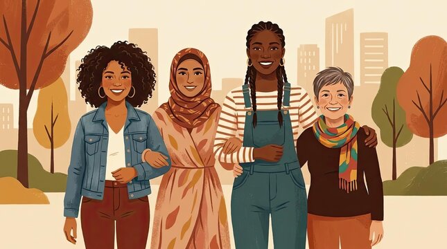 Diverse group of women standing together in autumn park.