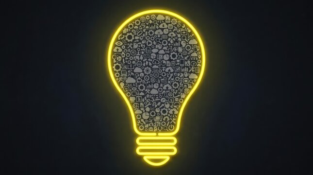 Glowing neon lightbulb composed of small digital icons.
