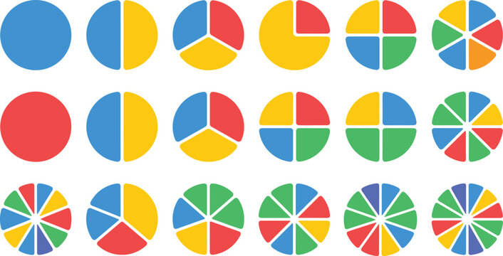 Colorful pie charts set with geometric fraction circles and mathematical percentage diagrams for education.