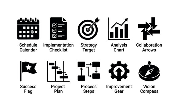 Action Plan Workflow, solid glyph icon set featuring schedule calendar, implementation checklist, strategy target, analysis chart, collaboration arrows, success flag, project plan, process steps,