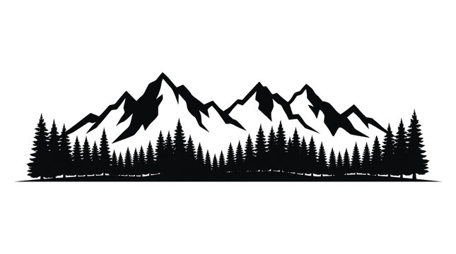 Minimalist mountain range silhouette, black pine forest landscape, rugged peak wilderness horizon, outdoor adventure nature graphic isolated PNG with Transparent Background