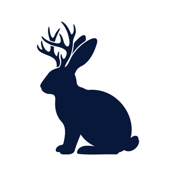 Rabbit with antlers sitting in profile silhouette illustration