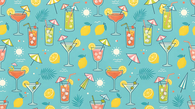 Seamless pattern with refreshing summer cocktails and lemon slices on a bright blue background featuring various mixed drinks and citrus fruit elements for festive party and bar menu wallpaper designs