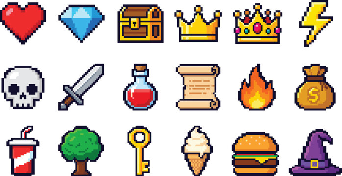 Retro pixel art video game items set featuring heart, diamond, chest, crown, sword, potion.