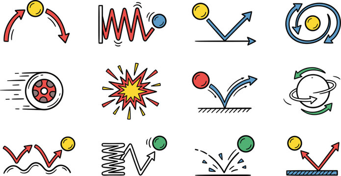 Physics motion and mechanics icons set with bouncing balls, springs, velocity, and collision diagrams.