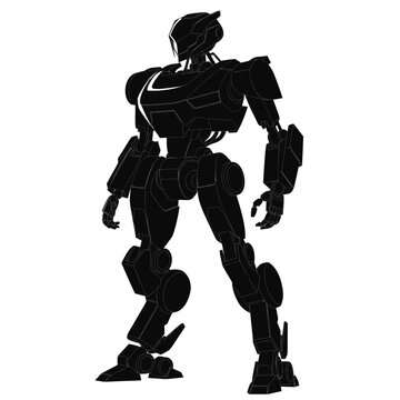 Futuristic robot silhouette vector, black mechanical cyborg character icon, sci-fi humanoid droid isolated on white background for gaming and tech