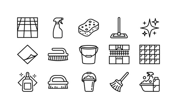 Surface Cleaning Tools, line icon set featuring floor tile, cleaning spray, sponge, mop, sparkle, cloth, brush, bucket, kitchen surface, bathroom tile, covering housekeeping, hygiene, cleaning