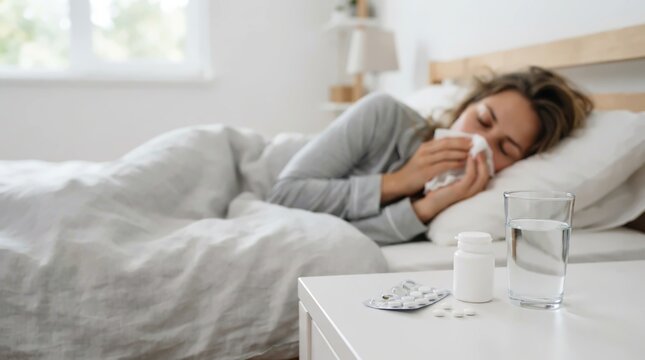 Sick woman blowing nose in bed with medicine on nightstand
