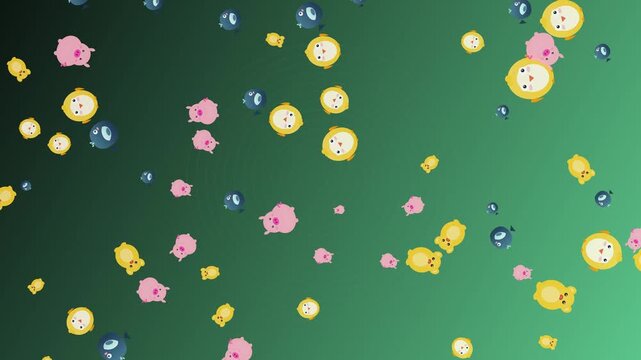 Cute Animal Characters Floating On A Gradient Green Background