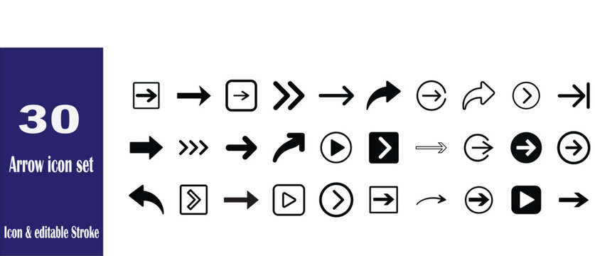 Arrow-Icon Set Collection with Editable Stroke, Navigation Symbols, Directional UI Elements, Play Buttons, Forward Icons, Modern Minimal Vector Design