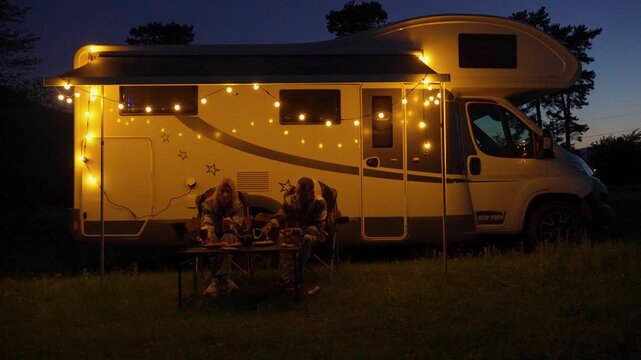 Young happy couple sitting at a table decorated with string lights, eating and talking during a cozy outdoor dinner at campsite, enjoying their romantic vacation and road trip together