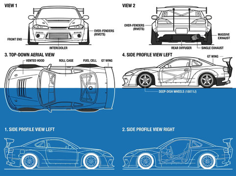 JDM Sports Car Technical Blueprint Schematic with Widebody Kit and Tuning Parts Views