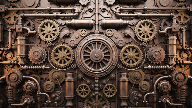 Intricate vintage steampunk machinery background with copper gear and pipe
