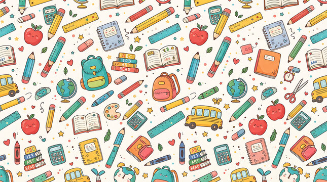 Seamless pattern with cute pixel art school supplies like pencils books apples and bags for education theme design projects on a light background for kids and students back to school collection