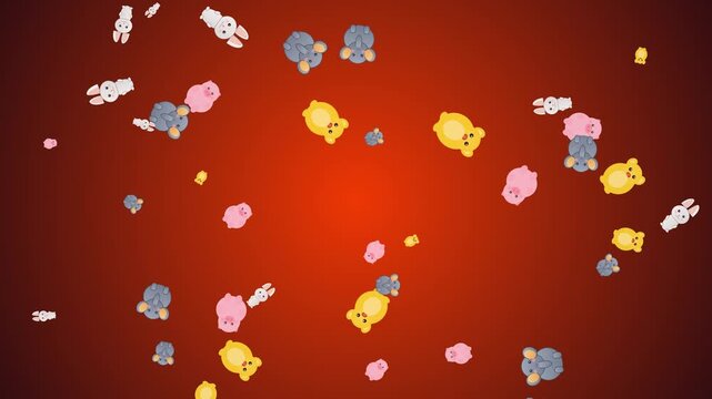 Cute Cartoon Animals Falling Down on a Gradient Red Background