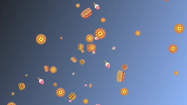 Floating Fast Food Icons Falling Against A Gradient Blue Background