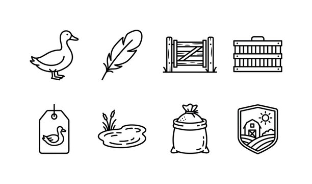 Duck Farm Branding, line icon set featuring duck silhouette, feather, farm gate, poultry crate, meat tag, pond symbol, grain sack, covering duck farming, poultry products, markets, restaurant menus,
