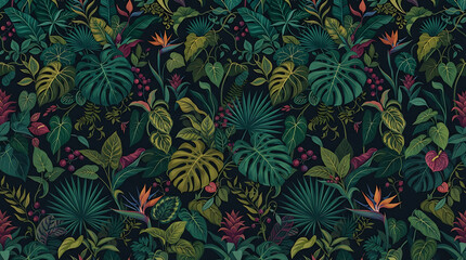 Fototapeta premium Seamless pattern with dark jungle tropical leaves and colorful exotic flowers in a dense forest design for textile fabric wallpaper wrapping paper and surface decoration background artwork