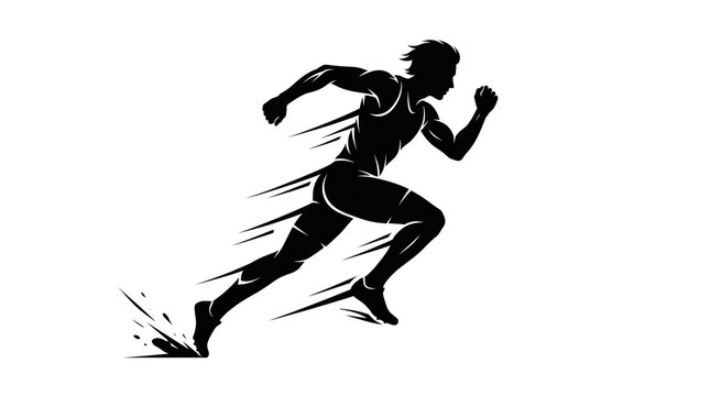Dynamic runner silhouette in high speed motion, athletic male sprinter sprinting fast, black and white sports graphic for fitness and marathon training isolated PNG with Transparent Background