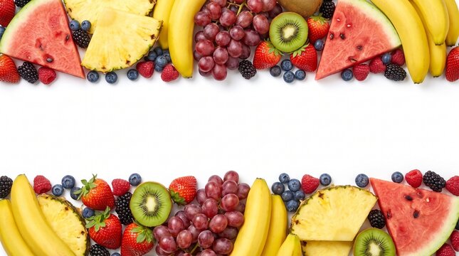 A vibrant and colorful arrangement of various fresh fruits placed at the top and bottom borders against a clean white background