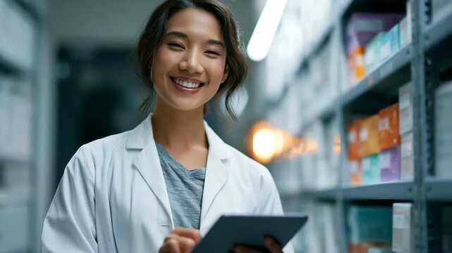 Female pharmacist in storage aisle using tablet for nighttime inventory and order management banner design