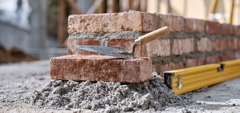 Outdoor construction scene featuring a half-built brick wall with masonry tools resting on wet mortar.