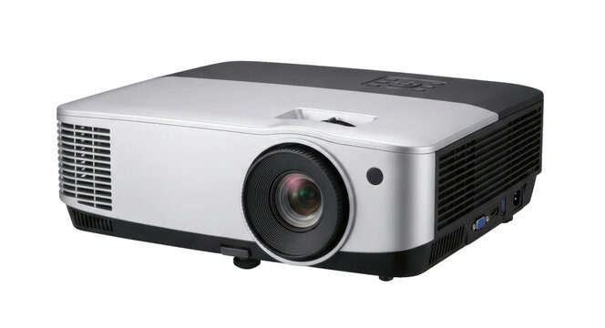 Modern digital projector with lens and ventilation grilles on a white background