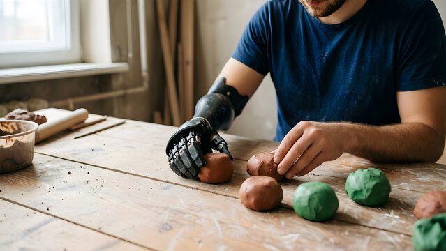 One adult with a visible upper-limb prosthesis arranging separate clay material samples at a creative workspace for inclusive everyday lifestyle, technology, wellbeing and modern-work campaign