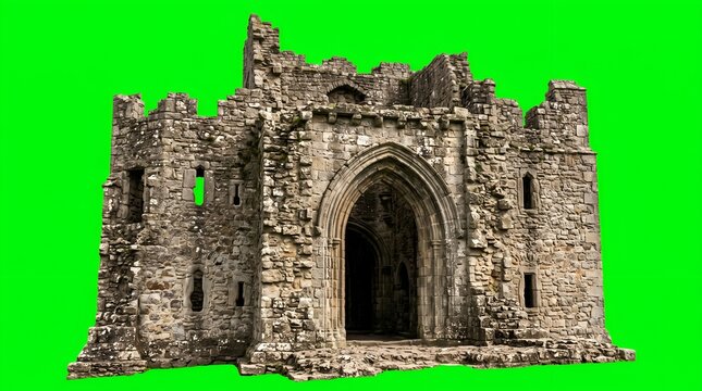 Ancient medieval stone castle ruins with arched doorway against green screen backdrop