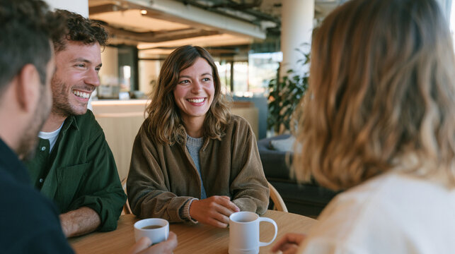Friends Laughing and Chatting Around a Wooden Table over Coffee