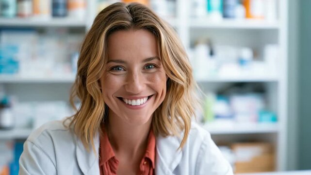 Closeup portrait of a female pharmacist at a pharmacy counter using a computer tablet for medical website banner and background