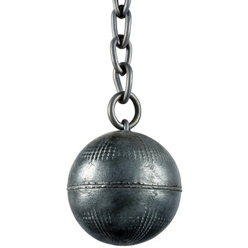 Gray metallic wrecking ball with chain suspended isolated on white background p n g a i generated gray wrecking ball