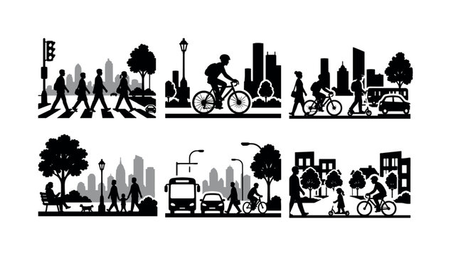 Urban Mobility Silhouette, solid glyph icon set, 6 fully filled black glyph illustrations featuring pedestrians at crosswalk, cyclist on city street, mixed walking and cycling traffic, park-side urban