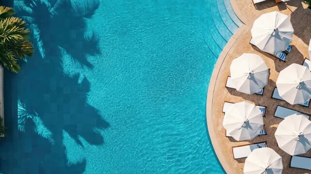 Aerial view of sunlit pool with white umbrellas and loungers near blue water
