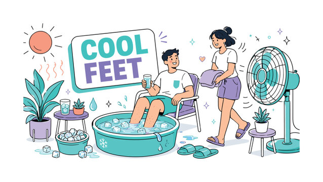 Heatwave Cold Foot Bath. Clean editorial banner showing one person cooling their feet in a cold bath while a companion brings a towel, with an oversized water basin and large floor fan extending to