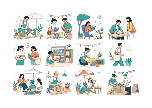 Outdoor Summer Book Fair. Local authors, community reading, outdoor markets and seasonal literary events. 12 minimalist editorial vector scenes: an author arranges books on a table, two visitors