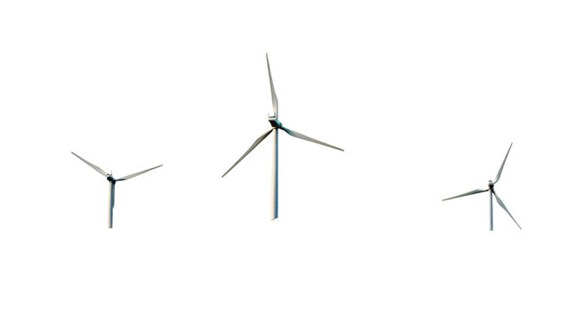 Three white wind turbines isolated on white background representing renewable energy clean energy