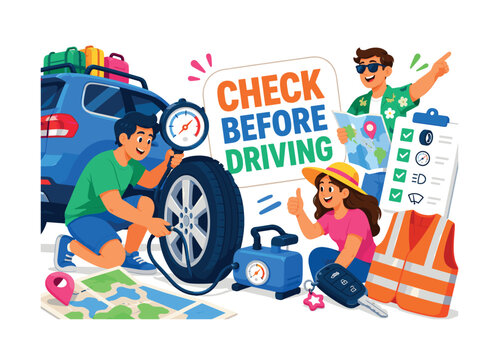 Road Trip Tire Check banner showing two expressive travelers checking vehicle pressure before a summer vacation drive, with an oversized tire and oversized pressure gauge, plus car key, safety