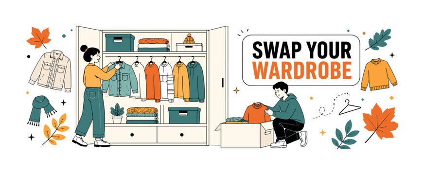 Early Autumn Wardrobe Swap. Clean editorial banner showing two people organizing seasonal clothing beside one oversized open wardrobe and one large storage box, with a light jacket, folded sweaters,