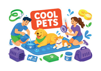Fototapeta premium Pet Summer Care banner scene with 2 expressive pet owners caring for oversized dog and cat beside large cooling mat, one fills water bowl while another holds fan and thermometer, supporting details