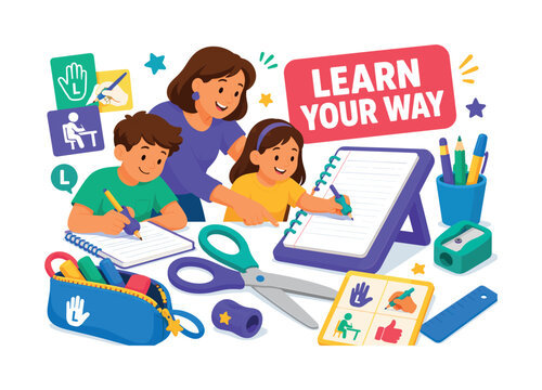 Left Handed Learning Tools Banner illustration showing a teacher helping two left-handed students use oversized ergonomic scissors and a large angled notebook across a classroom desk, with pencil