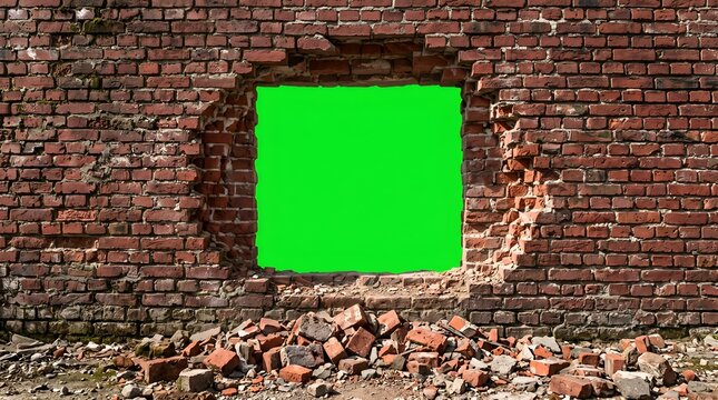 Aged red brick wall with a large hole filled by vibrant green screen background