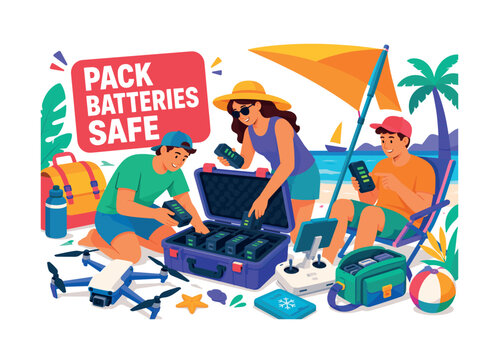 Beach Drone Battery Safety Banner illustration showing two travel creators organizing oversized drone batteries inside a large protective case while a third checks charge levels beside the beach, with