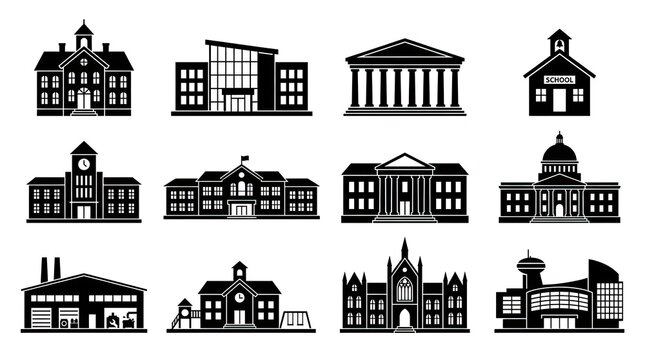 Collection of architectural building icons in black silhouette style