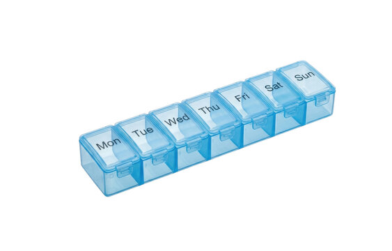 Blue weekly pill organizer with seven compartments for daily medication management