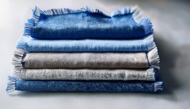 Abstract Composition Of Layered Blue And Gray Fabric Swatches With Frayed Edges On A Neutral Background