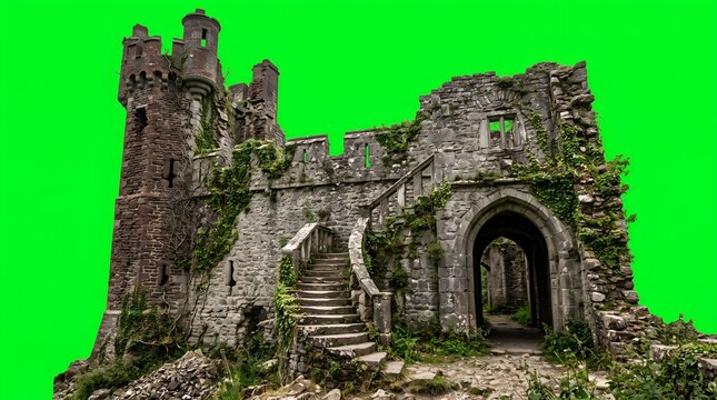 Ancient moss-covered stone castle ruins with arched entrance and crumbling towers on green screen