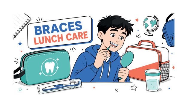 Teen Braces Lunch Care. Clean editorial banner showing a student cleaning braces after lunch beside one oversized dental-care pouch and one large lunchbox, with a travel toothbrush, interdental brush,